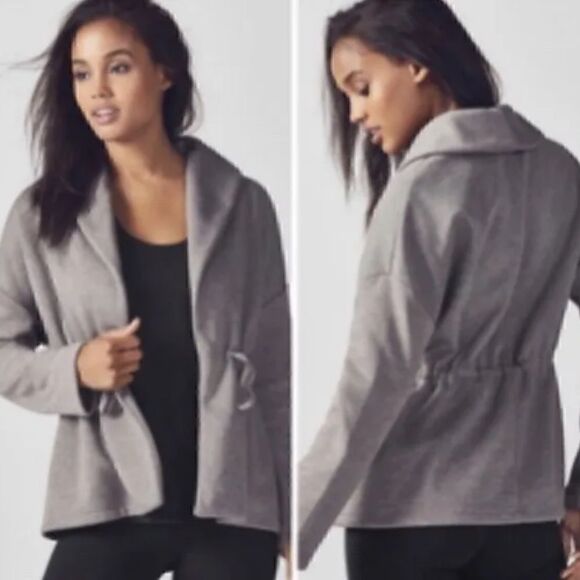 Fabletics cardigan Womens Large drawstring athleisure fleece stone Gray Jacket - Picture 1 of 11